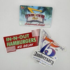 3 In-N-Out Burger Stickers 1 Cover To Cover Achievement Award No Value Gift Card